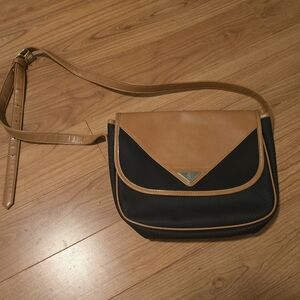 Vintage Tan and Black Leather Crossbody Bag